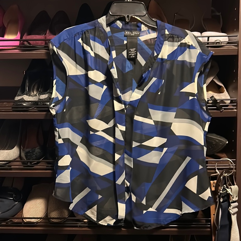 Woman’s Metaphor grey, blue and black blouse.  Size XLP.